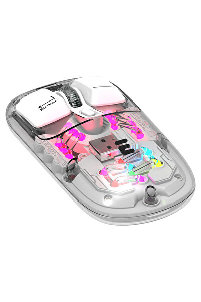 Everest OPAL Şarj Edilebilir Sessiz Beyaz Transparan RGB 2in1 2BT ve 2.4GHz Kablosuz Mouse