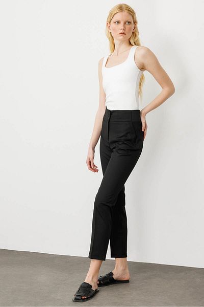 Desen Triko Pantaloni de vară din țesătură de damă, cu elastic lateral, până la gleznă, negri