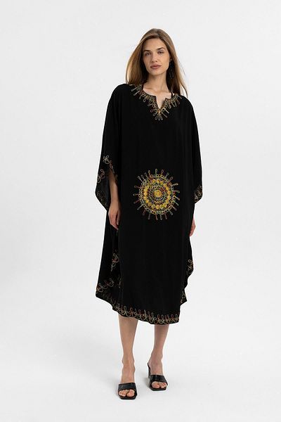 Deriderim Rochie scurtă caftan din bumbac de vară cu broderie neagră - mânecă liliac