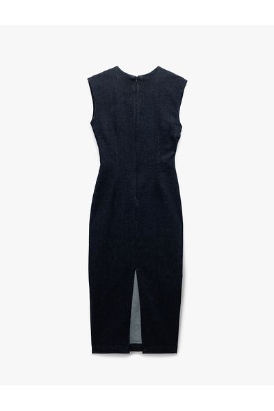Koton Buckle Detailed Crew Neck Cotton Sleeveless Long Denim Dress