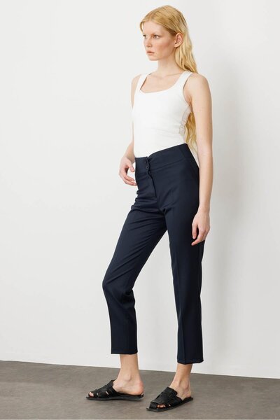 Desen Triko Women's Belt Side Elastic Ankle Length Summer Fabric Trousers Navy Blue