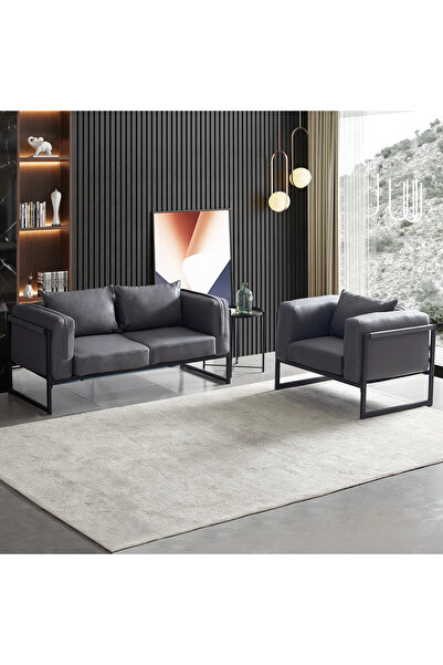 SCY Desdemona Metal Ayak 2+1 Ofis Mobilya Suni Deri Lobi Bekleme Alanı Koltuğu Oturma Odası Koltuk Takım