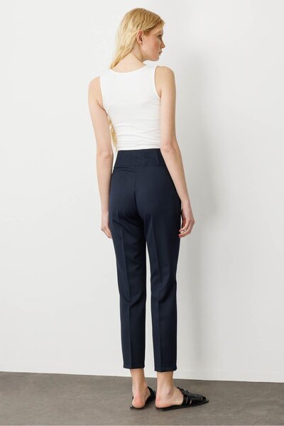 Desen Triko Women's Belt Side Elastic Ankle Length Summer Fabric Trousers Navy Blue