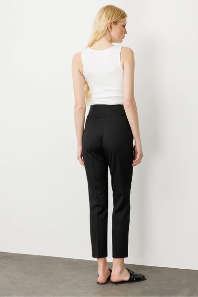 Desen Triko Women's Belt Side Elastic Ankle Length Summer Fabric Trousers Black