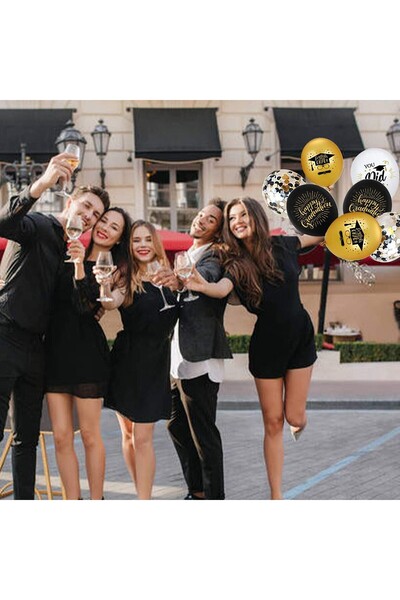 Flippy Baloane pentru ABSOLVIRE PARTY, Flippy, Σετ 10 baloane din Latex, 23 cm, Negru Auriu Alb