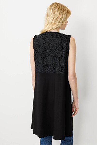 Desen Triko Women's V-Neck Lace Fabric Vest Black