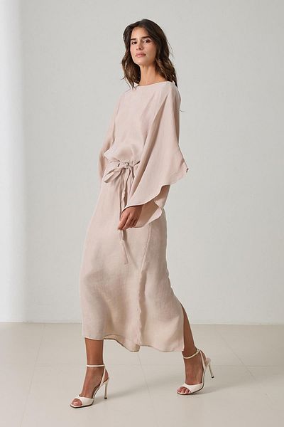 Setre Beige Collar and Sleeve Detailed Dress with Waist Tie Detail