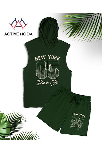 ACTIVE MODA - Men's Ny Printed Sleeveless Sports Singlet-Shorts Set 2 Pieces Cotton Oversized Large Size