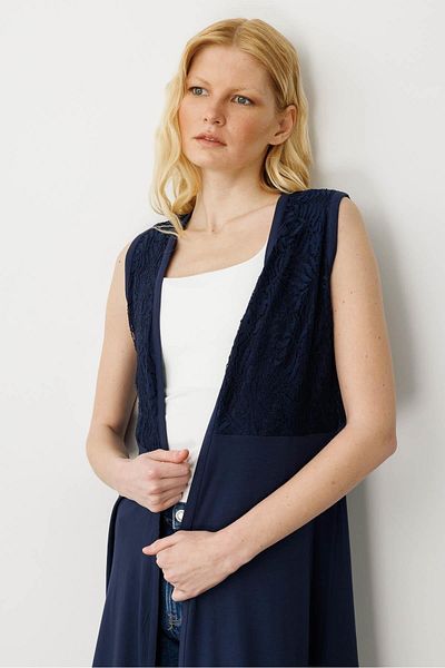 Desen Triko Women's V-Neck Lace Fabric Vest Navy Blue