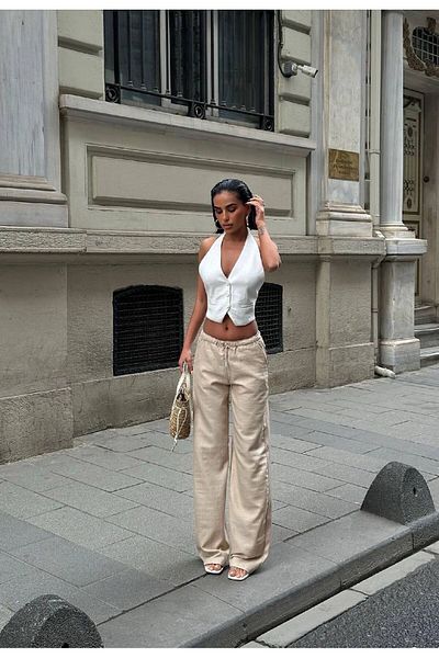HLT JEANS Κρεμ γυναικεία λάστιχο μέσης με λεπτή χαλαρή φαρδιά λινό παντελόνι EMİLY-3018