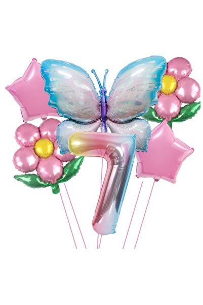 Flippy Baloane Aniversare Cifra 7, din folie de aluminiu 2 flori, 2 stelute, 1 fluture, 1 cifra, Multicolor