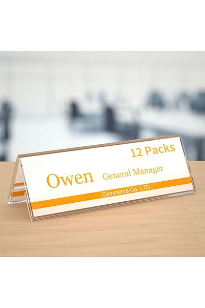 Generic مجموعة من ١٢ لوحة اسم أكريليك للمكتب، حامل لافتة شفاف مزدوج الجوانب، مقاس ٨.٥ × ٢.٩ بوصة