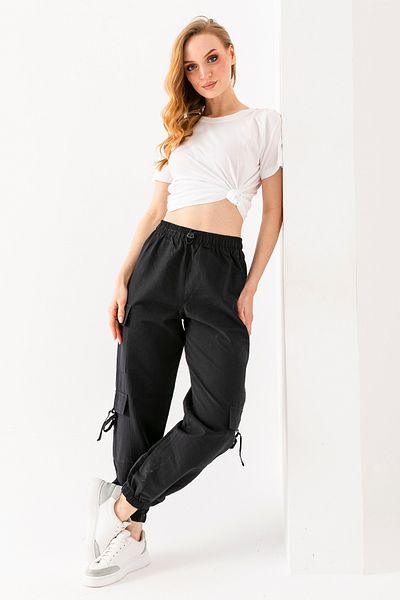 GİYSA Women's Adjustable Waist Cargo Pocket Parachute Pants Black - 925045