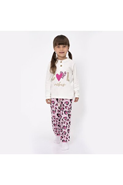 bebegen Girl's Ecru Fuchsia Cool Heart Printed 2-Piece Pajama Set