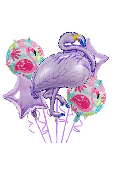 OEM Flamingo Party Birthday Balloons Made of Aluminum Foil and Latex, Set of 5 Balloons, 1 Flamingo, 2