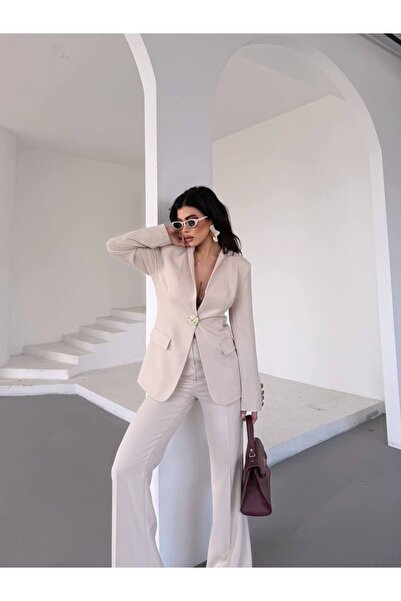 Bella Breeze Kadın Gold Kurabiye Düğmeli Blazer Ceket Palazzo Pantolon Takım Elbise