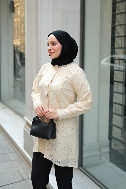 LOCCO Cămașă oversize pentru femei cu detaliu Guipure în față, crem