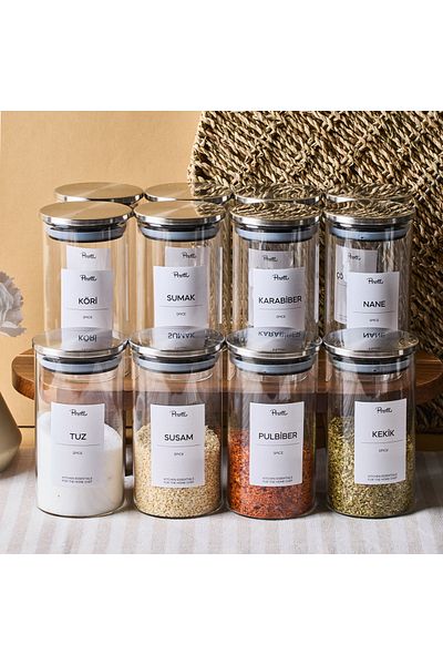 Perotti Aurelia 12 Pieces Metak Lid Glass Spice Jar 325 ml