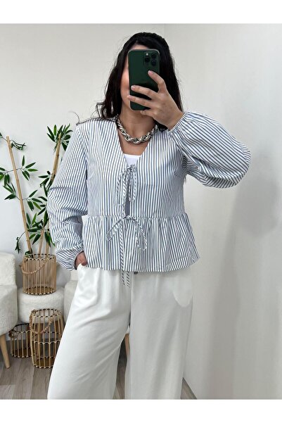 PatutA ButiK Çizgili Bağcıklı Altı Volanlı Gömlek