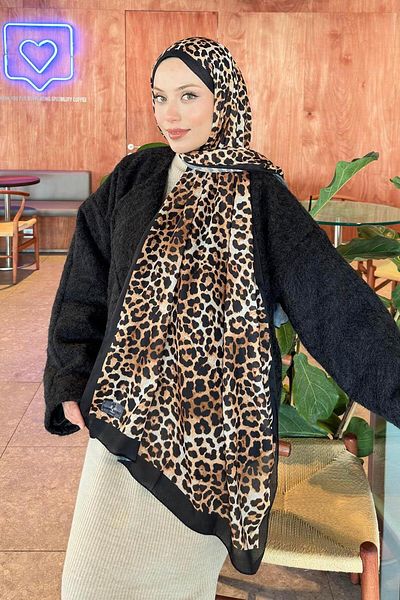 lamelif Leopard Pattern Cotton Shawl Black Beige