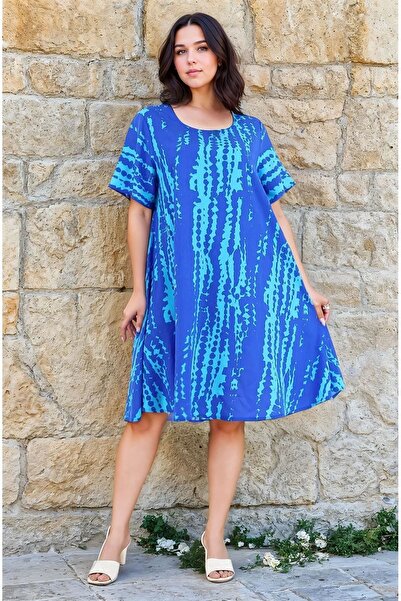 Burcumay Rochie de viscoză midi cu model, cu mânecă scurtă, cu guler pătrat, mărime mare, pentru femei, rochie albastră subțire pentru vacanță la plajă