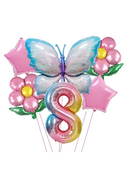 Flippy Baloane Aniversare Cifra 8, din folie de aluminiu 2 flori, 2 stelute, 1 fluture, 1 cifra, Multicolor