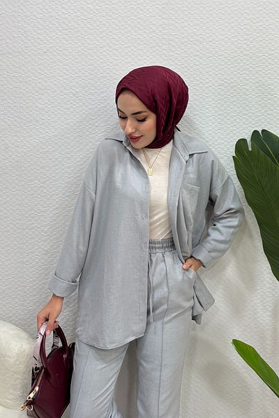 Tesettür Diyarı Women's Sofia Linen Shirt Suit-Gray