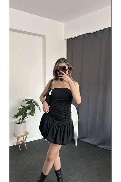 New Lune womenswear strapless black dress with gathered balloon skirt