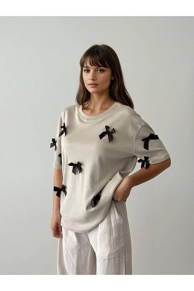 OYERGA MODA Tricou de damă din bumbac cu fundă