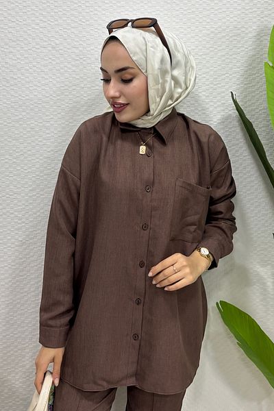 Tesettür Diyarı Women's Sofia Linen Shirt Suit-Brown