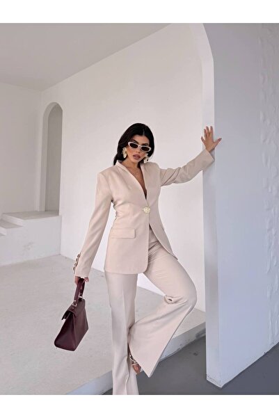 Bella Breeze Kadın Gold Kurabiye Düğmeli Blazer Ceket Palazzo Pantolon Takım Elbise