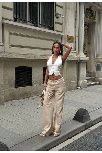 HLT JEANS Κρεμ γυναικεία λάστιχο μέσης με λεπτή χαλαρή φαρδιά λινό παντελόνι EMİLY-3018
