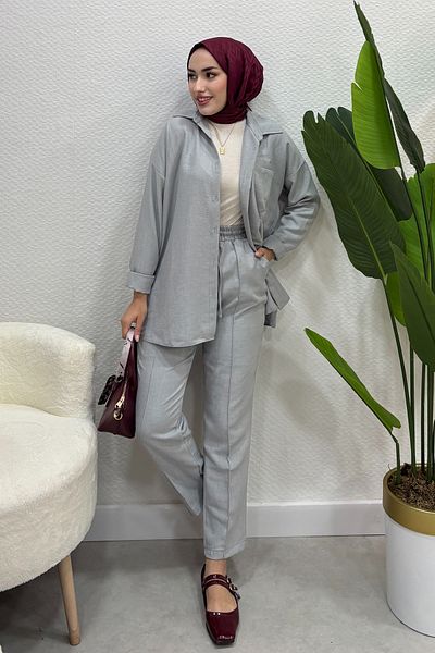 Tesettür Diyarı Women's Sofia Linen Shirt Suit-Gray