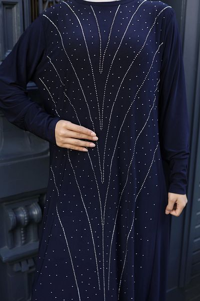 modessia ΓΥΝΑΙΚΕΙΟ Μπλε Navy Stone Μοτίβο με άμμο ύφασμα Κομψό χιτζάμπ φόρεμα T815