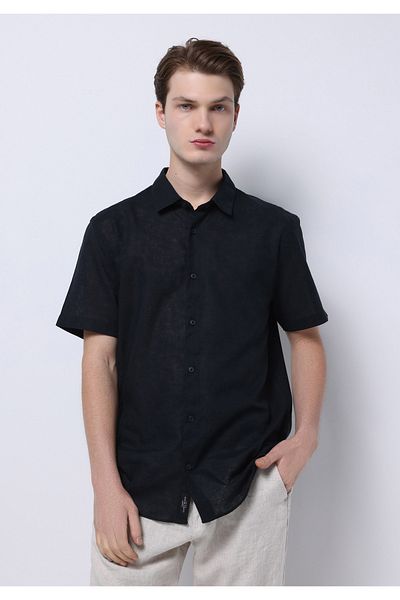Colin's Regular Fit Shirt Neck Plain Men's Linen Blended Black Short Sleeve Shirt