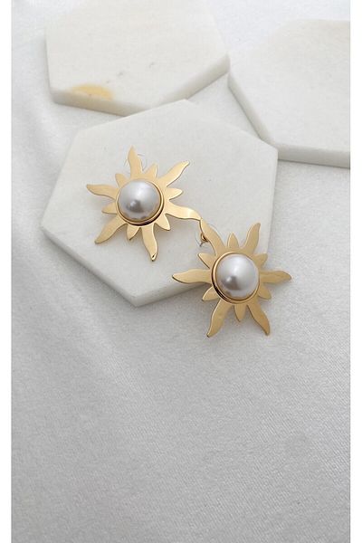 Sacha Accessories Gold Earrings with Sun Figure and Pearl Detail