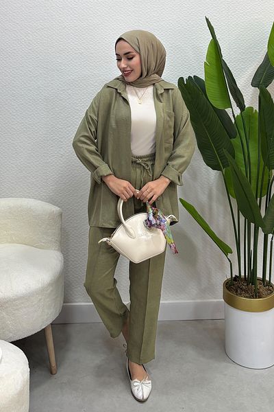 Tesettür Diyarı Women's Sofia Linen Shirt Suit-Khaki