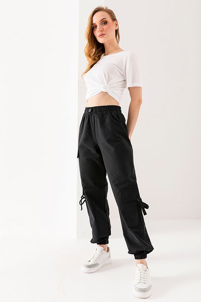 GİYSA Women's Adjustable Waist Cargo Pocket Parachute Pants Black - 925045