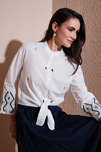 Lela Cotton Embroidered Waist Tied Judge Collar Shirt Shirt 6110097