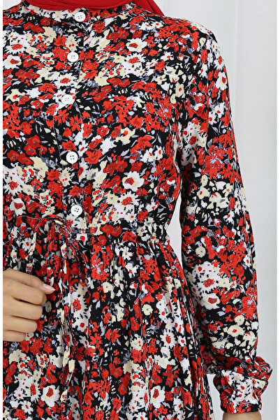 sefamerve Red Floral Print Half Button Spring Dress - 0361-02