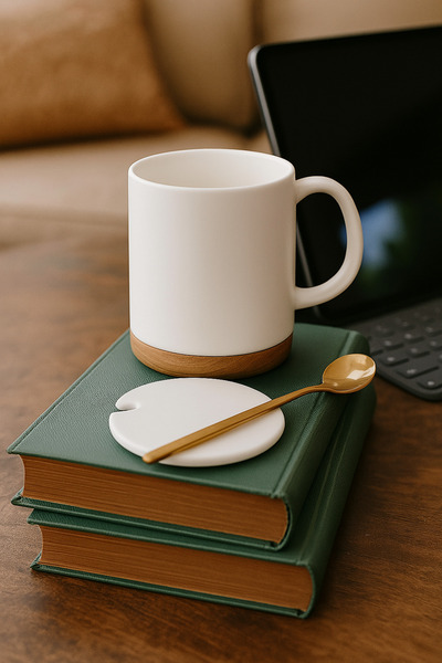 Arma House كوب أبيض بقاعدة خشبية