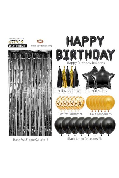 Flippy Baloane LA MULȚI ANI, Set 45 buc 10 Auriu simplu, 2 Stele 10 cu confetti, 10 piese, 1 Perdea Negru
