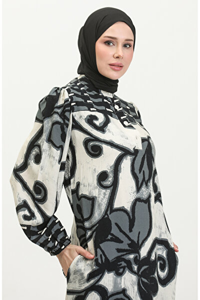 sefamerve Anthracite Beige Viscose Dress - Half Buttoned, Color Garnished 0396-04