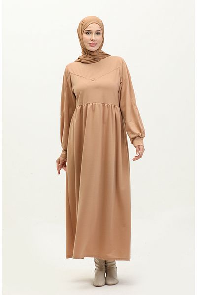 sefamerve Φόρεμα Milk Brown ίσιο - Πλισέ μέση, Μοντέλο 0281-05