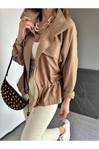 QİMYA BUTİK Qimene Women's Large Pocket Waist Drawstring Loose Collar Straight Oversize Coat