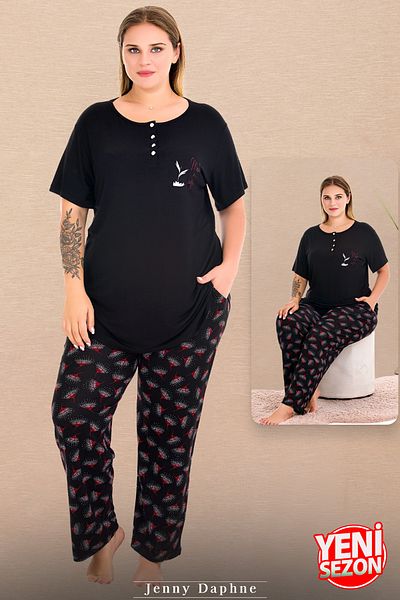 Jenny Daphne Lady Plus Size Floral Print Sleepwear Button Top Short Sleeve Pajama Set 11016