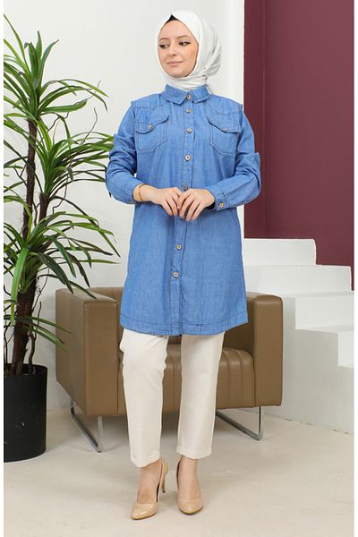 sefamerve Cămașă lungă din denim cu nasturi - 30361-02 Albastru