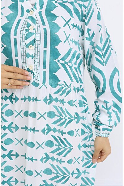 sefamerve Half Button Viscose Patterned Dress 0026-01 Green White