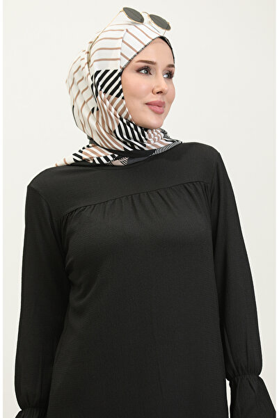 sefamerve Black Gathered Skirt Tunic - Wrapped Fabric 0404DA-07