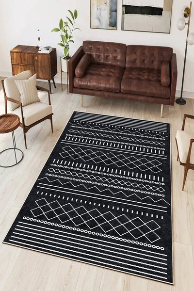 Hülya Home Salon Halısı Geometrik İskandinav Eskitmeli Dijital Baskı Yıkanabi...